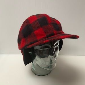 VINTAGE sz OS Hunting Hat Wool Blend Ear Neck Flap Wool Blend Plaid Red Black